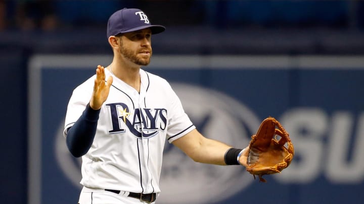 Sep 5, 2017; St. Petersburg, FL, USA;Tampa Bay Rays third baseman Evan Longoria (3) celebrates as they beat the  Minnesota Twins at Tropicana Field.