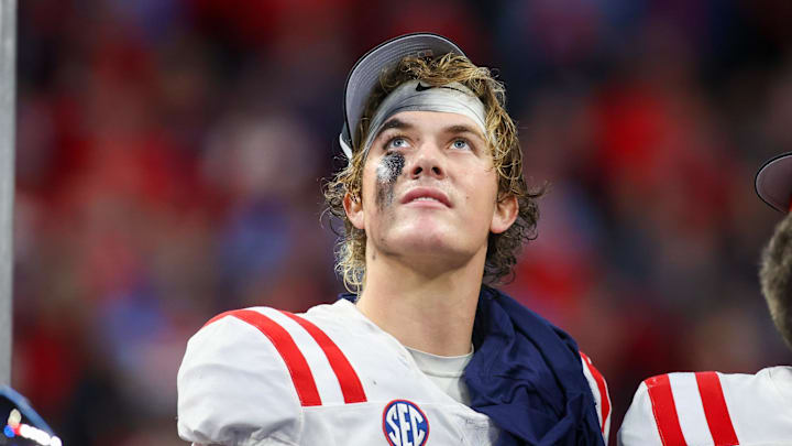 Dec 30, 2023; Atlanta, GA, USA; Mississippi Rebels quarterback Jaxson Dart (2) celebrates after a victory against the Penn State Nittany Lions in the Peach Bowl at Mercedes-Benz Stadium. Mandatory Credit: Brett Davis-USA TODAY Sports
Dec 30, 2023; Atlanta, GA, USA; Mississippi Rebels quarterback Jaxson Dart (2) celebrates after a victory against the Penn State Nittany Lions in the Peach Bowl at Mercedes-Benz Stadium. Mandatory Credit: Brett Davis-USA TODAY Sports