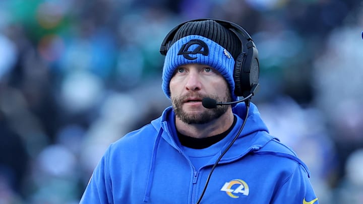 Dec 22, 2024; East Rutherford, New Jersey, USA; Los Angeles Rams head coach Sean McVay coaches against the New York Jets during the second quarter at MetLife Stadium. Mandatory Credit: Brad Penner-Imagn Images