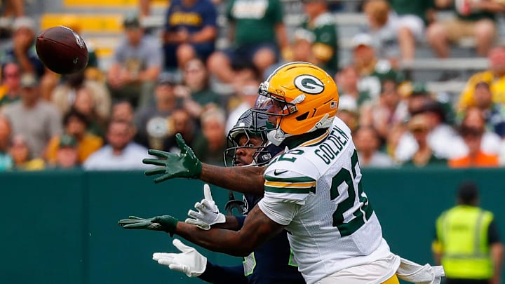 Green Bay Packers wide receiver Matthew Golden (22) catches a pass against Seattle Seahawks cornerback Nehemiah Pritchett (28) during their final preseason game on Saturday, August 23, 2025, at Lambeau Field in Green Bay, Wis. 
Tork Mason/USA TODAY NETWORK-Wisconsin