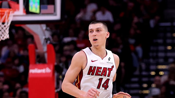 Dec 29, 2024; Houston, Texas, USA; Miami Heat guard Tyler Herro (14) handles the ball against the Houston Rockets during the third quarter at Toyota Center. Mandatory Credit: Erik Williams-Imagn Images
