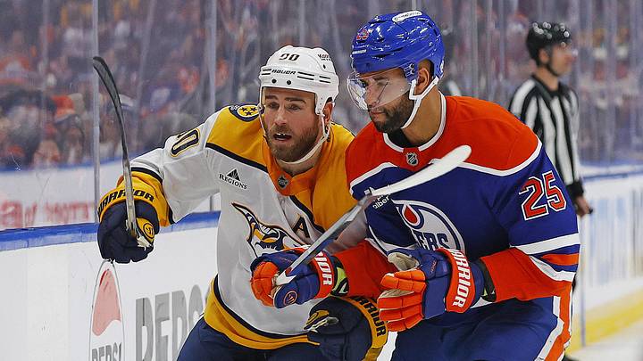 Jan 6, 2026; Edmonton, Alberta, CAN; Edmonton Oilers defensemen Darnell Nurse (25) and Nashville Predators forward Ryan O'Reilly (90) battle along the boards for a loose puck during the second period at Rogers Place. Mandatory Credit: Perry Nelson-Imagn Images Jan 6, 2026; Edmonton, Alberta, CAN; Edmonton Oilers defensemen Darnell Nurse (25) and Nashville Predators forward Ryan O'Reilly (90) battle along the boards for a loose puck during the second period at Rogers Place. Mandatory Credit: Perry Nelson-Imagn Images