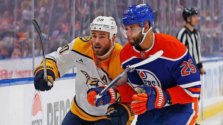 Jan 6, 2026; Edmonton, Alberta, CAN; Edmonton Oilers defensemen Darnell Nurse (25) and Nashville Predators forward Ryan O'Reilly (90) battle along the boards for a loose puck during the second period at Rogers Place. Mandatory Credit: Perry Nelson-Imagn Images Jan 6, 2026; Edmonton, Alberta, CAN; Edmonton Oilers defensemen Darnell Nurse (25) and Nashville Predators forward Ryan O'Reilly (90) battle along the boards for a loose puck during the second period at Rogers Place. Mandatory Credit: Perry Nelson-Imagn Images