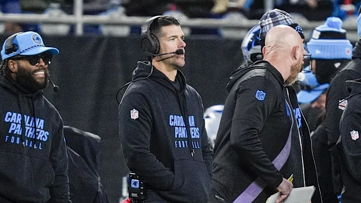 Dec 1, 2024; Charlotte, North Carolina, USA; Carolina Panthers head coach Dave Canales during the second quarter against the Tampa Bay Buccaneers at Bank of America Stadium. Mandatory Credit: Jim Dedmon-Imagn Images