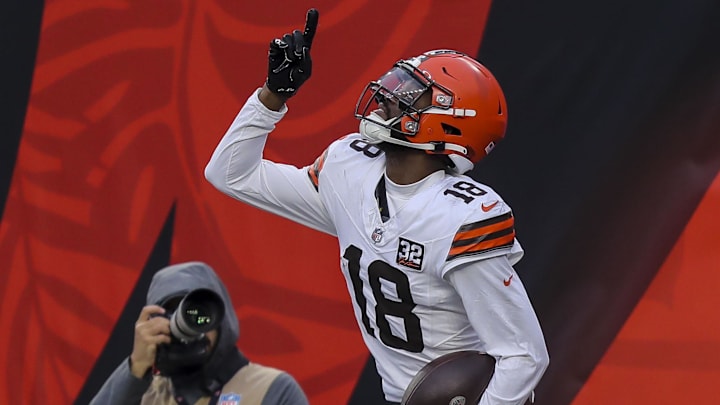 Jan 7, 2024; Cincinnati, Ohio, USA; Cleveland Browns wide receiver David Bell (18) reacts after scoring a touchdown against the Cincinnati Bengals in the second half at Paycor Stadium.