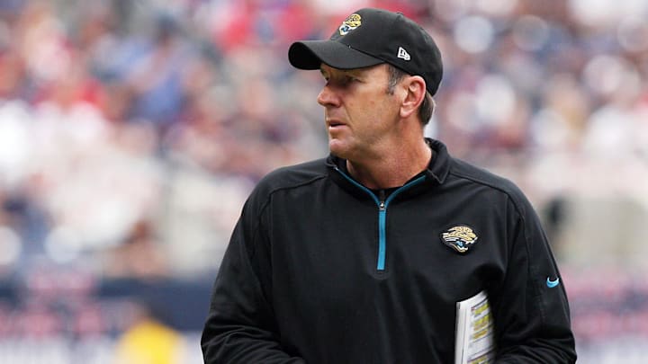 November 18, 2012; Houston, TX, USA; Jacksonville Jaguars head coach Mike Mularkey during a time out in the second quarter against the Houston Texans at Reliant Stadium. Mandatory Credit: Troy Taormina-Imagn Images
