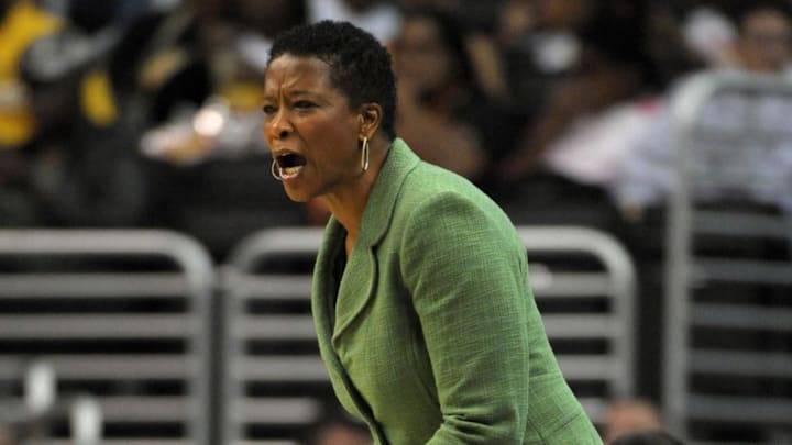 Jun 8, 2010; Los Angeles, CA, USA; Los Angeles Sparks coach Jennifer Gillom during the game against the Phoenix Mercury at the Staples Center. The Sparks defeated the Mercury 92-91. Mandatory Credit: Kirby Lee/Image of Sport-Imagn Images