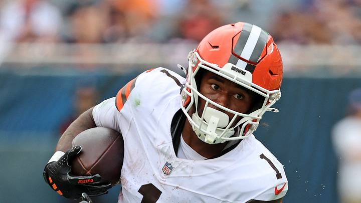 Aug 15, 2026; Chicago, Illinois, USA; Cleveland Browns wide receiver Kc Concepcion (1) makes a catch past Chicago Bears safety Skyler Thomas (38) during the first half at Soldier Field. Mandatory Credit: Mike Dinovo-Imagn Images