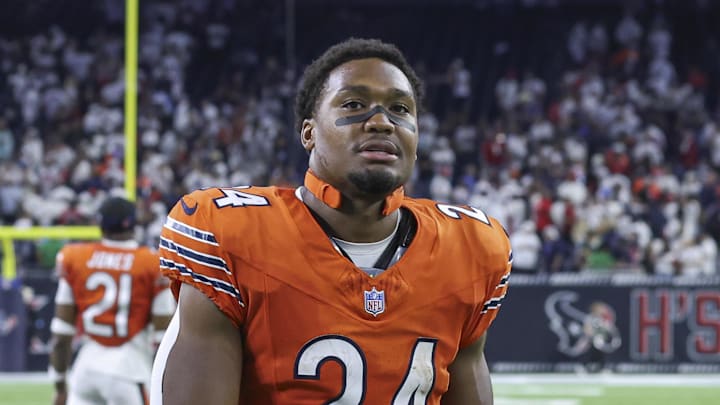 Sep 15, 2024; Houston, Texas, USA; Chicago Bears running back Khalil Herbert (24) after the game against the Houston Texans at NRG Stadium. Mandatory Credit: Troy Taormina-Imagn Images