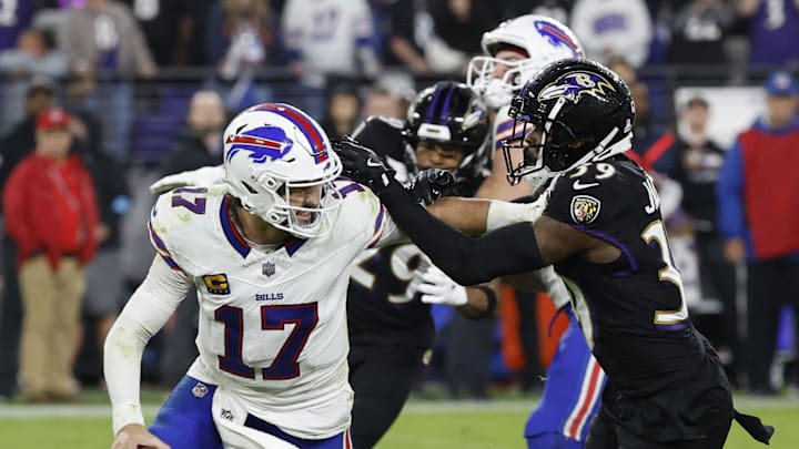 Buffalo Bills quarterback Josh Allen scrambles from Baltimore Ravens safety Eddie Jackson in Baltimore earlier this year. Buffalo Bills quarterback Josh Allen scrambles from Baltimore Ravens safety Eddie Jackson in Baltimore earlier this year.