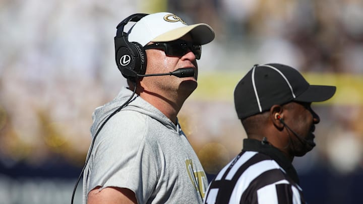 Oct 21, 2023; Atlanta, Georgia, USA; Georgia Tech Yellow Jackets head coach Brent Key looks on from