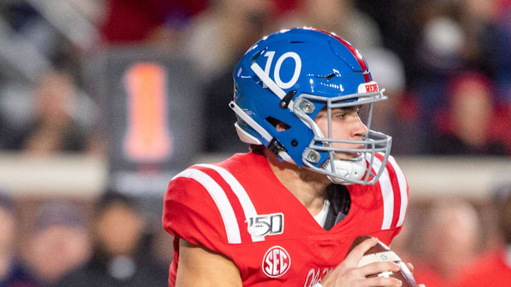 Nov 16, 2019; Oxford, MS, USA; Mississippi Rebels quarterback John Rhys Plumlee (10) against the Louisiana State Tigers in the first quarter at Vaught-Hemingway Stadium. Mandatory Credit: Vasha Hunt-USA TODAY Sports