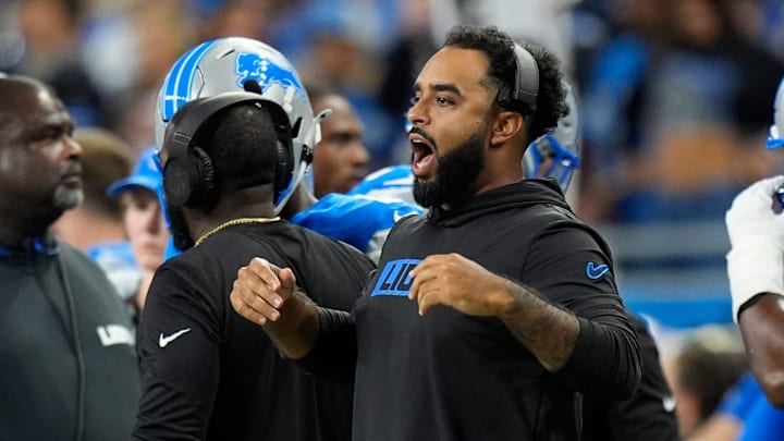 Detroit assistance special teams coach Jett Modkins signals players before a play against Los Angeles Rams during the second half at Ford Field in Detroit on Sunday, September 8, 2024. Detroit assistance special teams coach Jett Modkins signals players before a play against Los Angeles Rams during the second half at Ford Field in Detroit on Sunday, September 8, 2024.