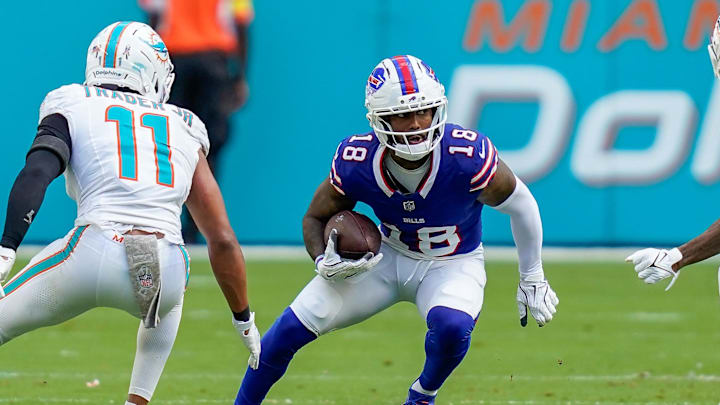 Nov 9, 2025; Miami Gardens, Florida, USA; Buffalo Bills wide receiver Elijah Moore (18) rushes the ball after a reception against the Miami Dolphins during the third quarter at Hard Rock Stadium. Mandatory Credit: Jeff Romance-Imagn Images