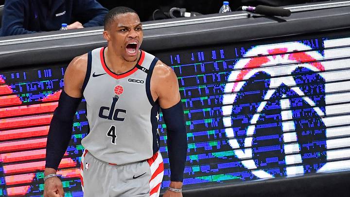 May 16, 2021; Washington, District of Columbia, USA; Washington Wizards guard Russell Westbrook (4) reacts against the Charlotte Hornets during the fourth quarter at Capital One Arena. Mandatory Credit: Brad Mills-USA TODAY Sports May 16, 2021; Washington, District of Columbia, USA; Washington Wizards guard Russell Westbrook (4) reacts against the Charlotte Hornets during the fourth quarter at Capital One Arena. Mandatory Credit: Brad Mills-USA TODAY Sports