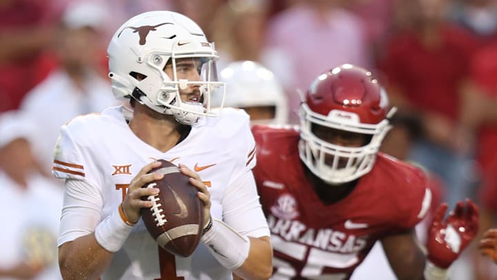 Sep 11, 2021; Fayetteville, Arkansas, USA; Texas Longhorns quarterback Hudson Card (1) looks to pass during the second quarter against the Arkansas Razorbacks at Donald W. Reynolds Razorback Stadium.