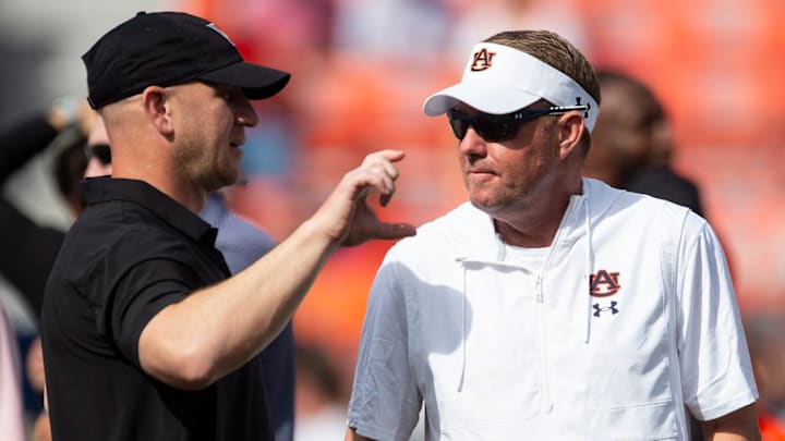 Auburn Tigers head coach Hugh Freeze in conversation with Vanderbilt's Clark Lea before the Commodores win. Auburn Tigers head coach Hugh Freeze in conversation with Vanderbilt's Clark Lea before the Commodores win.