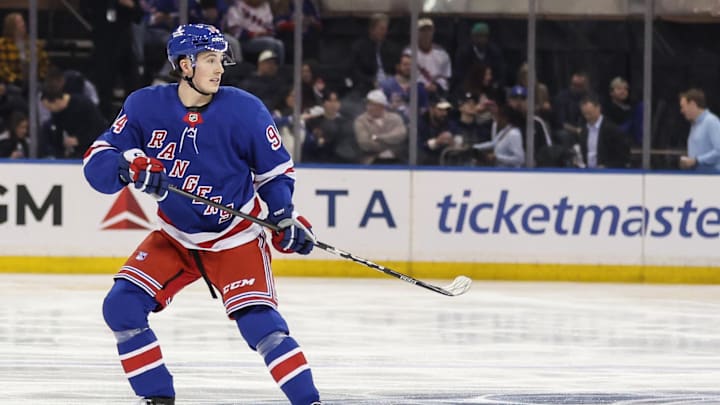 Apr 2, 2025; New York, New York, USA; New York Rangers right wing Gabe Perreault (94) takes the ice against the Minnesota Wild for his NHL debut at Madison Square Garden. Mandatory Credit: Wendell Cruz-Imagn Images Apr 2, 2025; New York, New York, USA; New York Rangers right wing Gabe Perreault (94) takes the ice against the Minnesota Wild for his NHL debut at Madison Square Garden. Mandatory Credit: Wendell Cruz-Imagn Images
