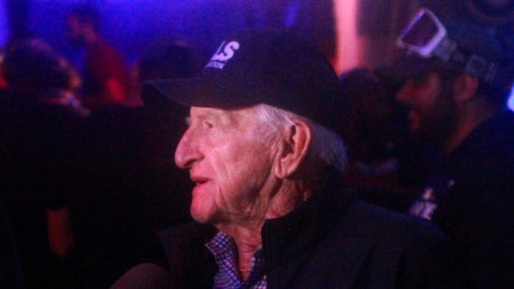 Milwaukee Brewers broadcaster Bob Uecker does an interview after the Brewers clinched the division title on September 18, 2024 at American Family Field.