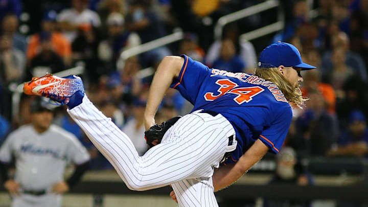 New York Mets starting pitcher Noah Syndergaard (34) throws against the Miami Marlins during the first inning of game two of a doubleheader at Citi Field in 2021.