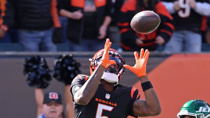 Oct 26, 2025; Cincinnati, Ohio, USA; Cincinnati Bengals wide receiver Tee Higgins (5) grabs the ball before scoring a touchdown during the second quarter against the New York Jets at Paycor Stadium. Mandatory Credit: Joseph Maiorana-Imagn Images