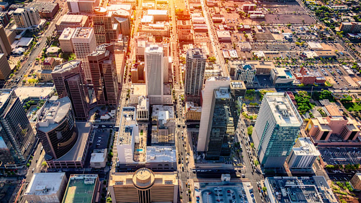 An aerial shot of downtown Phoenix, Arizona.