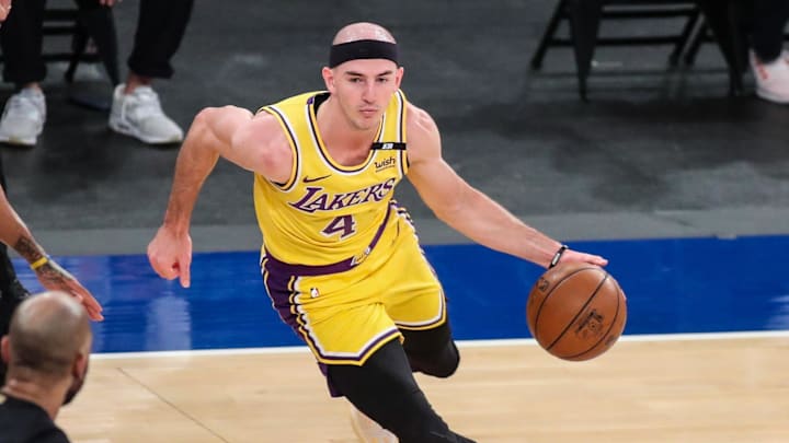Apr 12, 2021; New York, New York, USA;  Los Angeles Lakers guard Alex Caruso (4) at Madison Square Garden. Mandatory Credit: Wendell Cruz-Imagn Images