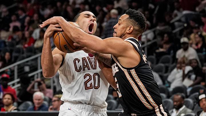 Apr 10, 2026; Atlanta, Georgia, USA; Cleveland Cavaliers guard Jaylon Tyson (20) tries to drive to the basket against Atlanta Hawks guard CJ McCollum (3) during the second half at State Farm Arena. Mandatory Credit: Dale Zanine-Imagn Images Apr 10, 2026; Atlanta, Georgia, USA; Cleveland Cavaliers guard Jaylon Tyson (20) tries to drive to the basket against Atlanta Hawks guard CJ McCollum (3) during the second half at State Farm Arena. Mandatory Credit: Dale Zanine-Imagn Images