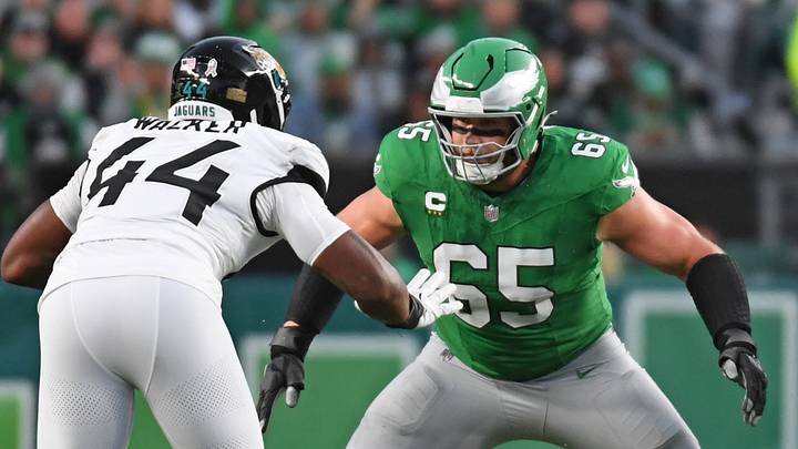 Nov 3, 2024; Philadelphia, Pennsylvania, USA: Philadelphia Eagles offensive tackle Lane Johnson (65) blocks Jacksonville Jaguars defensive end Travon Walker (44) at Lincoln Financial Field. Mandatory Credit: Eric Hartline-Imagn Images