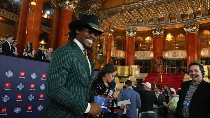 Apr 25, 2024; Detroit, MI, USA; Former NFL quarterback Cam Newton stands on the red carpet ahead of the 2024 NFL Draft at Detroit’s Fox Theatre. 