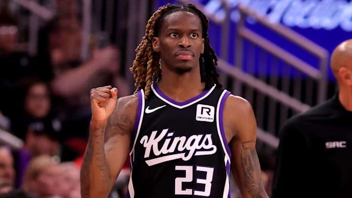 Mar 1, 2025; Houston, Texas, USA; Sacramento Kings guard Keon Ellis (23) reacts after a call against the Houston Rockets during the third quarter at Toyota Center. Mandatory Credit: Erik Williams-Imagn Images Mar 1, 2025; Houston, Texas, USA; Sacramento Kings guard Keon Ellis (23) reacts after a call against the Houston Rockets during the third quarter at Toyota Center. Mandatory Credit: Erik Williams-Imagn Images