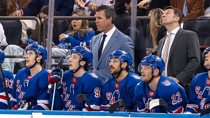 Apr 4, 2026; New York, New York, USA; New York Rangers head coach Mike Sullivan stands on the bench during the second period against the Detroit Red Wings at Madison Square Garden. Mandatory Credit: Danny Wild-Imagn Images