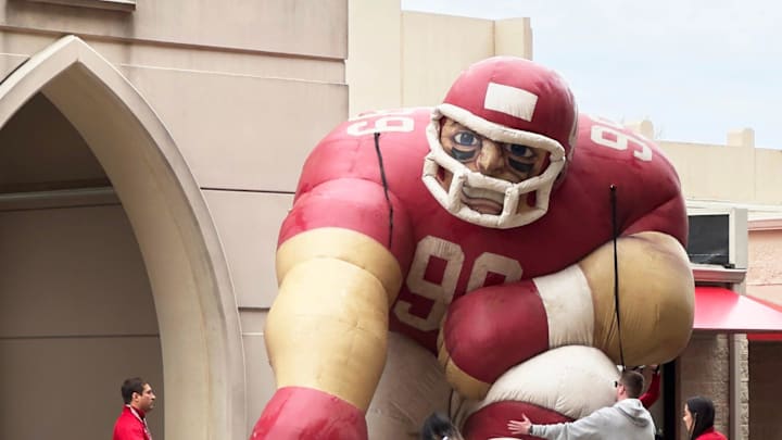 A giant inflatable Indiana football player goes up on the concourse before the Indiana football spring game at Memorial Stadium on Thursday, April 17, 2025.
