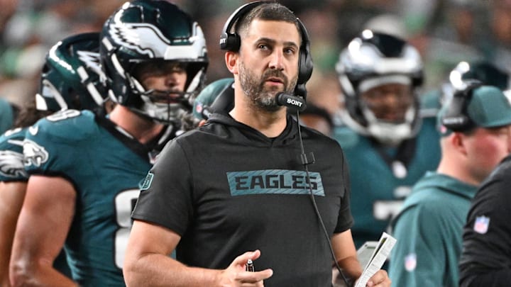 Sep 4, 2025; Philadelphia, Pennsylvania, USA; Philadelphia Eagles head coach Nick Sirianni on the sidelines against the Dallas Cowboys at Lincoln Financial Field. Mandatory Credit: Eric Hartline-Imagn Images