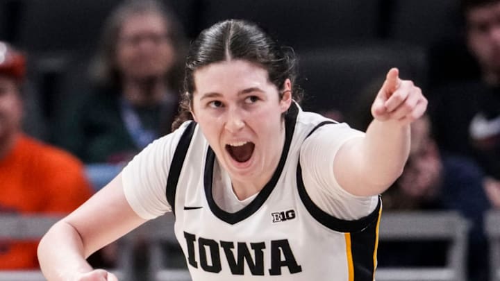 Iowa Hawkeyes center Ava Heiden (5) celebrates Friday, March 6, 2026, during a Big Ten women's basketball tournament game at Gainbridge Fieldhouse in Indianapolis.