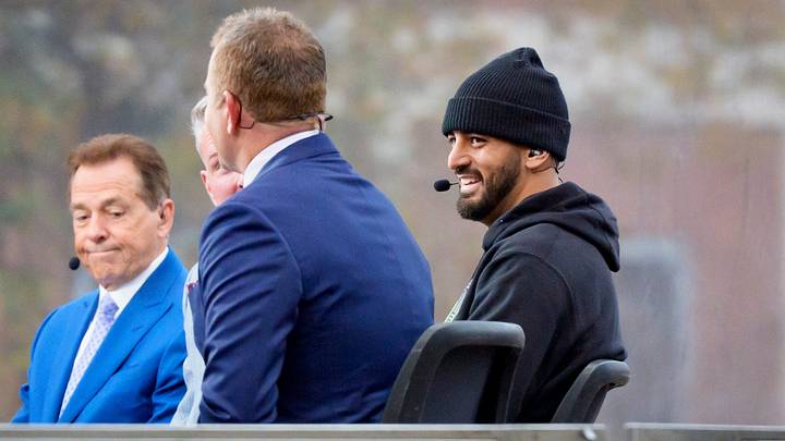 Former Oregon quarterback Marcus Mariota on the set of ESPN’s College GameDay on the campus of the University of Oregon on Nov. 22, 2025, in Eugene, Oregon.