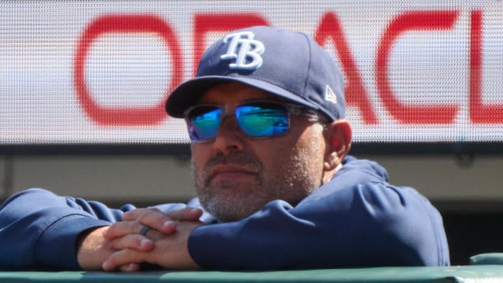 Aug 17, 2025; San Francisco, California, USA; Tampa Bay Rays manager Kevin Cash (16) looks on against the San Francisco Giants during the seventh inning at Oracle Park. 