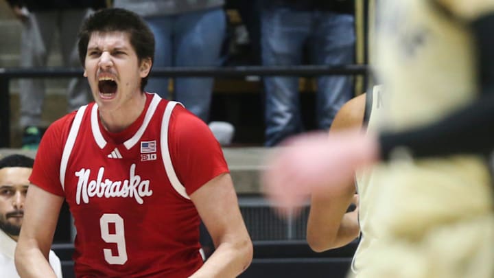 Nebraska Cornhuskers forward Berke Buyuktuncel (9) celebrates after blocking a shot Sunday, Jan. 12, 2025, during the NCAA men’s basketball game against the Purdue Boilermakers at Mackey Arena in West Lafayette, Ind.
