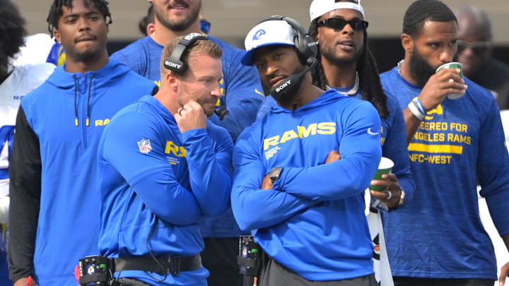 Aug 9, 2025; Inglewood, California, USA; Los Angeles Rams head coach Sean McVay, left, talks with assistant head coach Aubrey Pleasant on the sidelines during the game against the Dallas Cowboys at SoFi Stadium. Mandatory Credit: Jayne Kamin-Oncea-Imagn Images Aug 9, 2025; Inglewood, California, USA; Los Angeles Rams head coach Sean McVay, left, talks with assistant head coach Aubrey Pleasant on the sidelines during the game against the Dallas Cowboys at SoFi Stadium. Mandatory Credit: Jayne Kamin-Oncea-Imagn Images