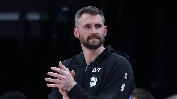 Utah Jazz forward Kevin Love (42) watches play against the Portland Trail Blazers during the first half at Delta Center on Feb. 12, 2026. Utah Jazz forward Kevin Love (42) watches play against the Portland Trail Blazers during the first half at Delta Center on Feb. 12, 2026.