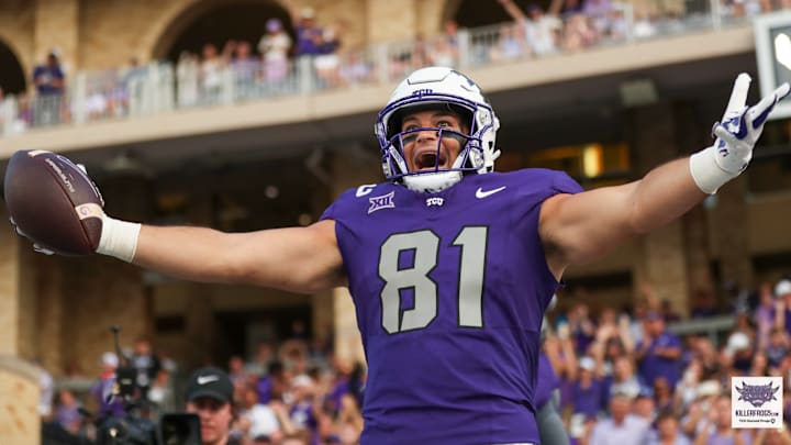 Chase Curtis (81) celebrates a first-half touchdown in TCU's home opener against the Abilene Christian Wildcats on September 13, 2025 at Amon G. Carter Stadium in Fort Worth, Texas.
