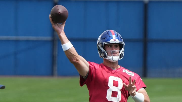 East Rutherford, NJ -- June 11, 2024 -- Quarterback Daniel Jones at the NY Giants Mandatory Minicamp at their practice facility in East Rutherford, NJ.