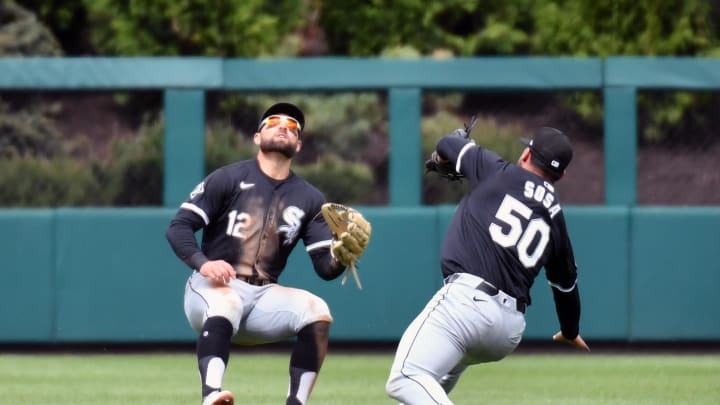 Apr 21, 2024; Philadelphia, Pennsylvania, USA; Chicago White Sox outfielder Kevin Pillar (12) and infielder Lenyn Sosa (50).