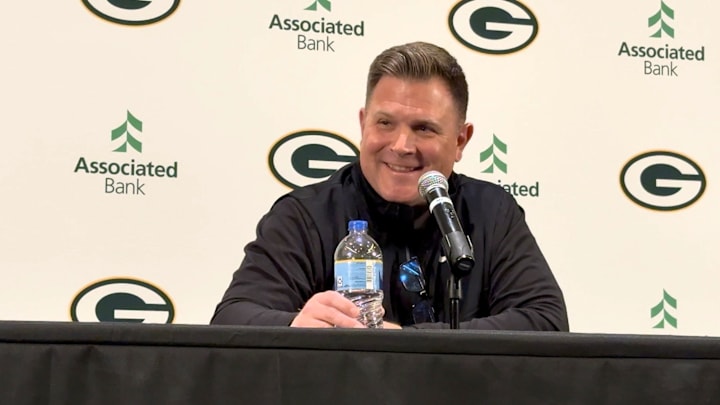 Packers GM Brian Gutekunst smiles at his season-ending news conference at Lambeau Field on Feb. 4.
