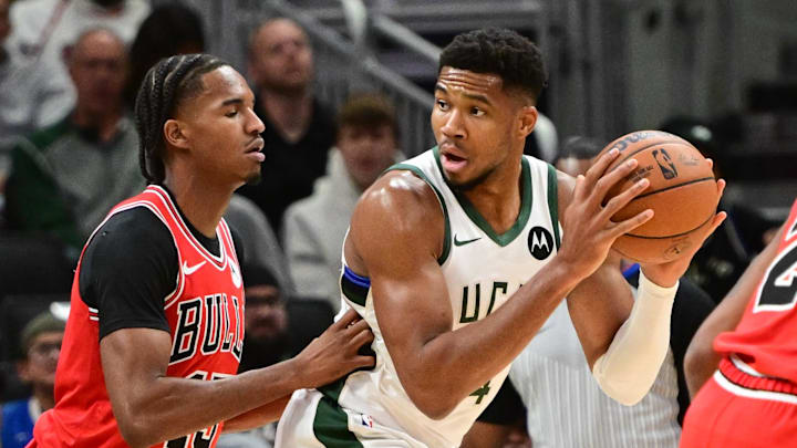 Oct 14, 2024; Milwaukee, Wisconsin, USA; Milwaukee Bucks forward Giannis Antetokounmpo (34) is guarded by Chicago Bulls guard Dalen Terry (25) in the first quarter at Fiserv Forum. Mandatory Credit: Benny Sieu-Imagn Images Oct 14, 2024; Milwaukee, Wisconsin, USA; Milwaukee Bucks forward Giannis Antetokounmpo (34) is guarded by Chicago Bulls guard Dalen Terry (25) in the first quarter at Fiserv Forum. Mandatory Credit: Benny Sieu-Imagn Images