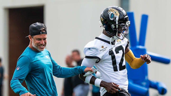 Jacksonville Jaguars wide receiver Travis Hunter (12) out runs Jacksonville Jaguars Defensive Assistant Mario Jeberaeel during the Jacksonville Jaguars’ mandatory minicamp Tuesday June 10, 2025 at the Miller Electric Center in Jacksonville, Fla. [Doug Engle/Florida Times-Union]