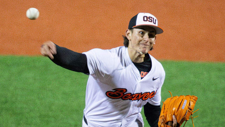 Oregon State's Eric Segura (16) pitches the ball during an NCAA college baseball game at Goss Stadium on Friday, March 7, 2025, in Corvallis, Ore.