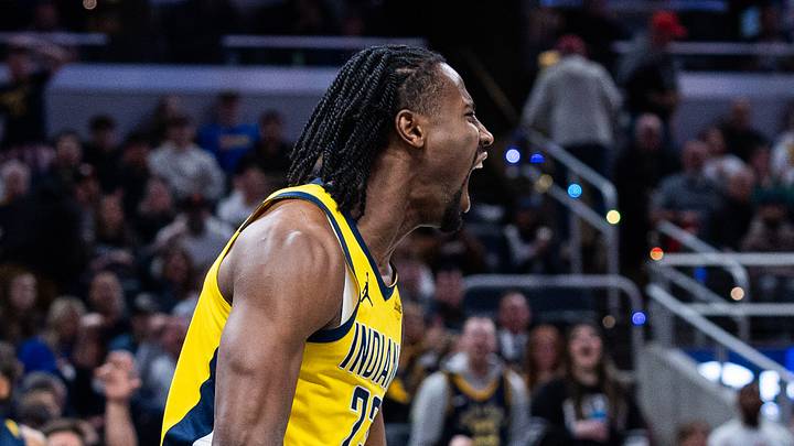 Mar 13, 2026; Indianapolis, Indiana, USA;  Indiana Pacers guard/forward Aaron Nesmith (23) reacts to made basket in the first half against the New York Knicks at Gainbridge Fieldhouse. Mandatory Credit: Trevor Ruszkowski-Imagn Images