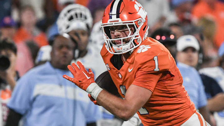 Nov 18, 2023; Clemson, South Carolina, USA; Clemson Tigers running back Will Shipley (1) runs the