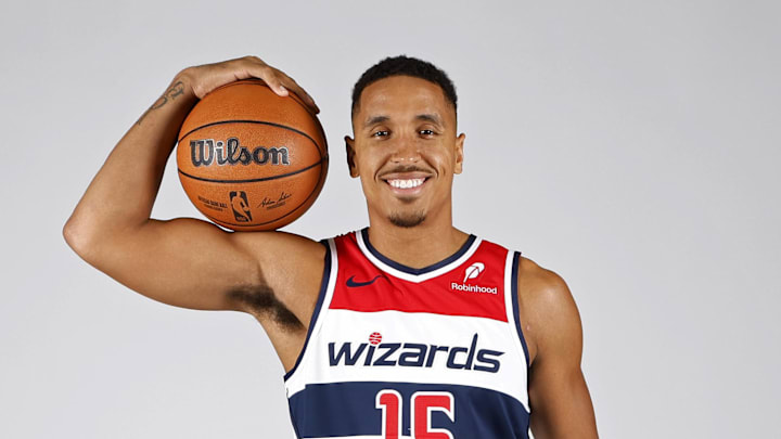 Sep 30, 2024; Washington, DC, USA; Washington Wizards guard Malcolm Brogdon (15) poses for a portrait during Washington Wizards media day 2024 at Capital One Arena. Mandatory Credit: Geoff Burke-Imagn Images